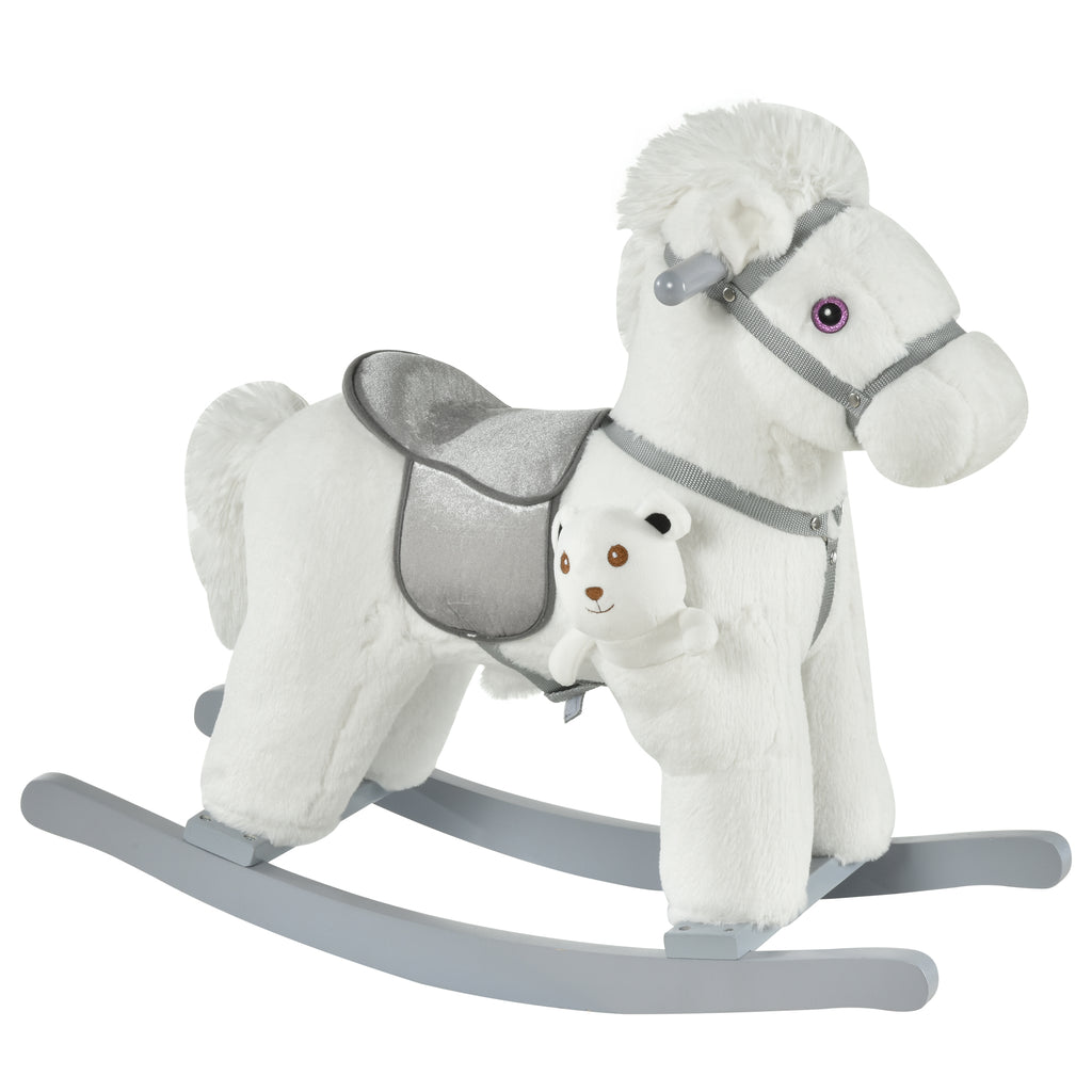 DodiOnline Kids Plush Ride-On Rocking Horse Toy Rocker with Plush Toy Realistic Sounds for Child 18-36 Months White