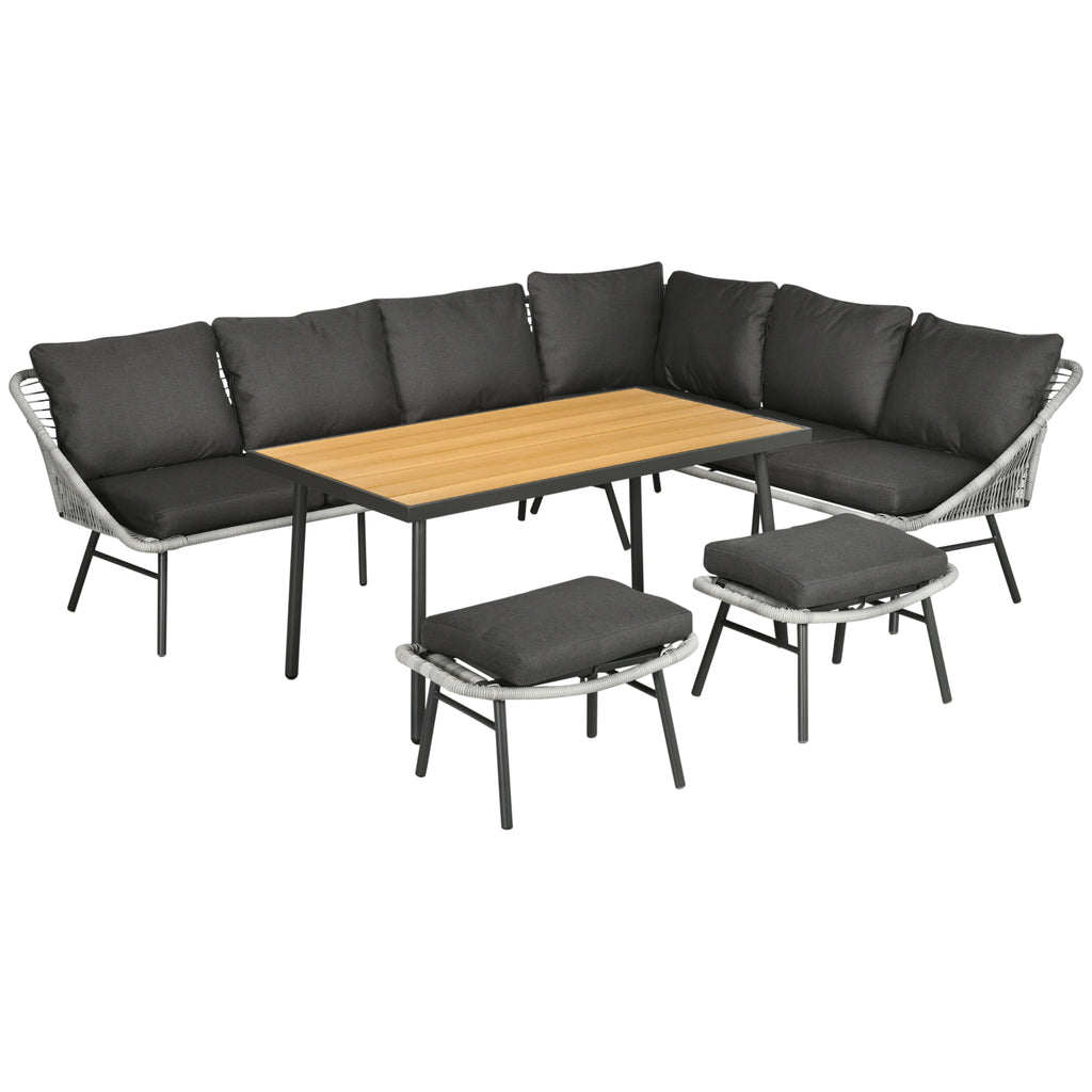 DodiOnline 6 Seater Outdoor Rattan Outdoor Furniture Sets with Sofa, Footstool and Wood-Plastic Coffee Table, 193x72x75cm, Grey