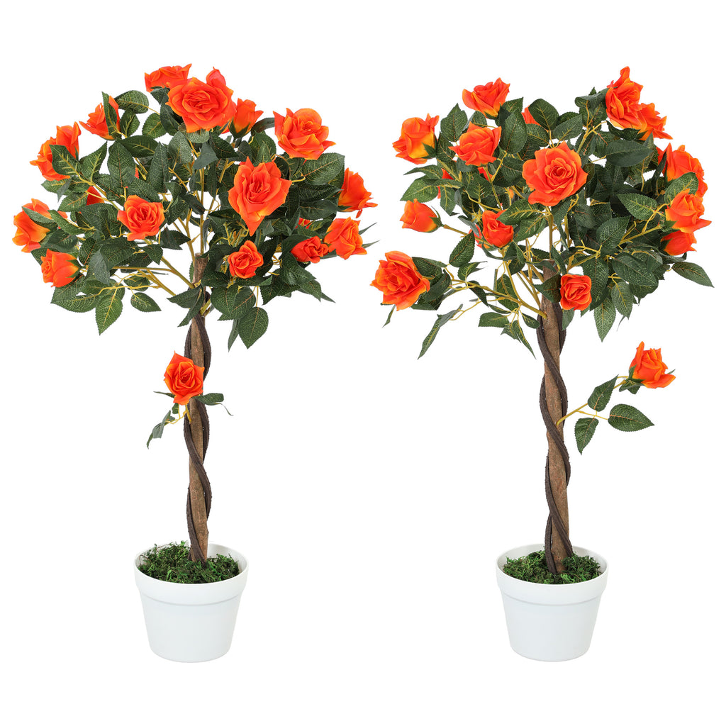 DodiOnline Set of 2 Artificial Plants White Rose Floral in Pot, Fake Plants for Home Indoor Outdoor Decor, 90cm, Orange