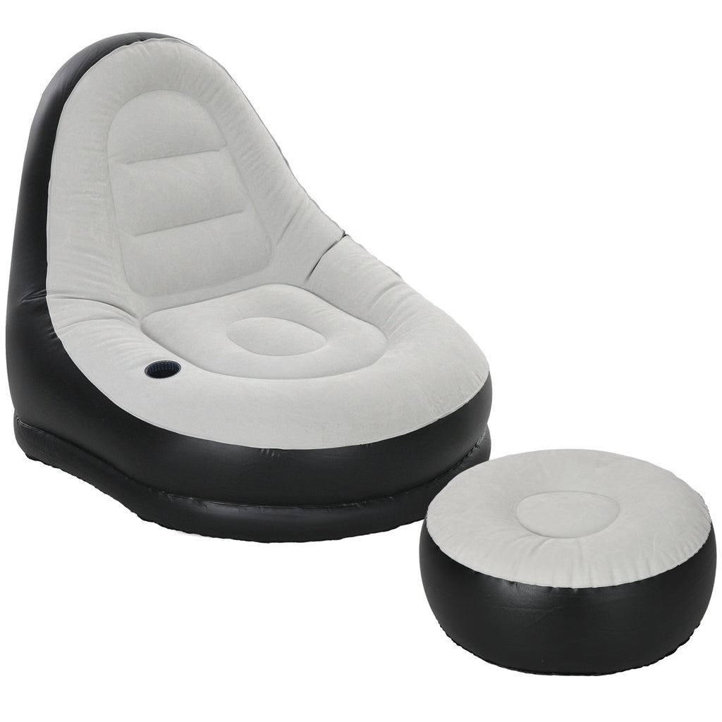 DodiOnline Inflatable Sofa Chair and Foot Stool Set with Cup Holder, for Gaming, Reading and Movie Watching, Grey
