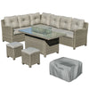 DodiOnline 8-Seater Outdoor PE Rattan Sofa Set Conversation Set w/ Fire Pit Table, L-Shape Sofa, Footstool and Furniture Cover
