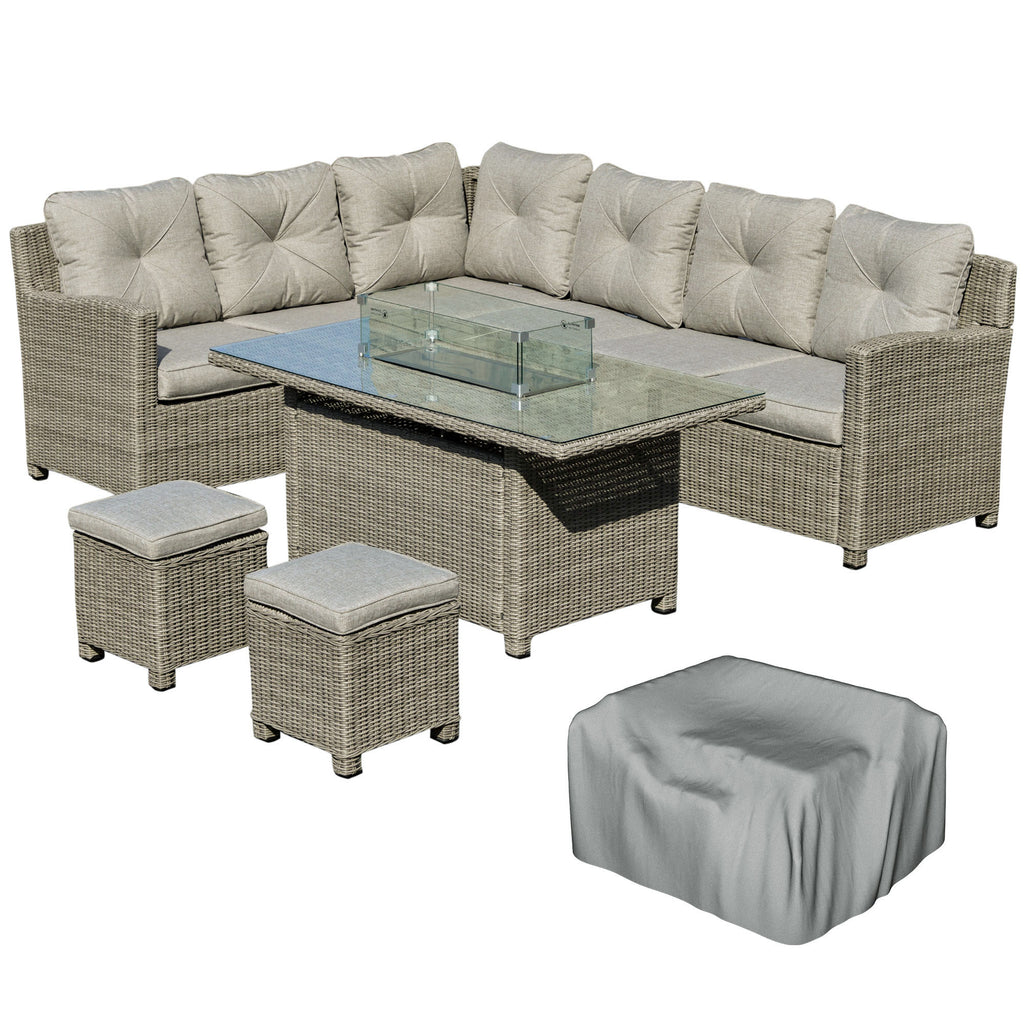 DodiOnline 8-Seater Outdoor PE Rattan Sofa Set Conversation Set w/ Fire Pit Table, L-Shape Sofa, Footstool and Furniture Cover