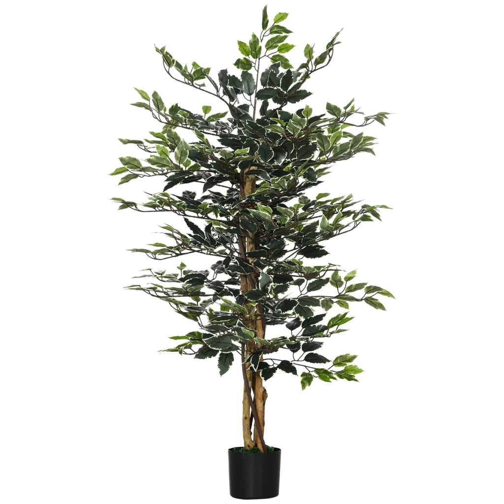 DodiOnline Artificial Ficus Tree in Pot, 130cm Tall Fake Plant with Lifelike Leaves and Natural Trunks, for Indoor Outdoor, Green