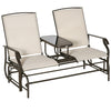 DodiOnline 2 Seats Garden Glider Bench, Metal Frame Loveseat with Glass Top  Centre Table, Porch Rocking Glider for 2 Person, for Deck, Patio, Brown/ Khaki