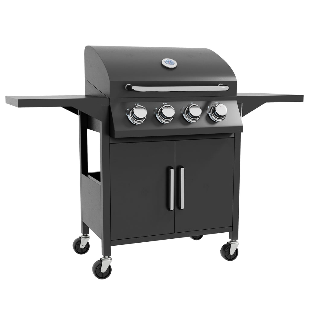 DodiOnline 4 Burner Gas BBQ Grill Outdoor Portable Barbecue Trolley w/ Warming Rack, Side Shelves, Storage Cabinet, Thermometer
