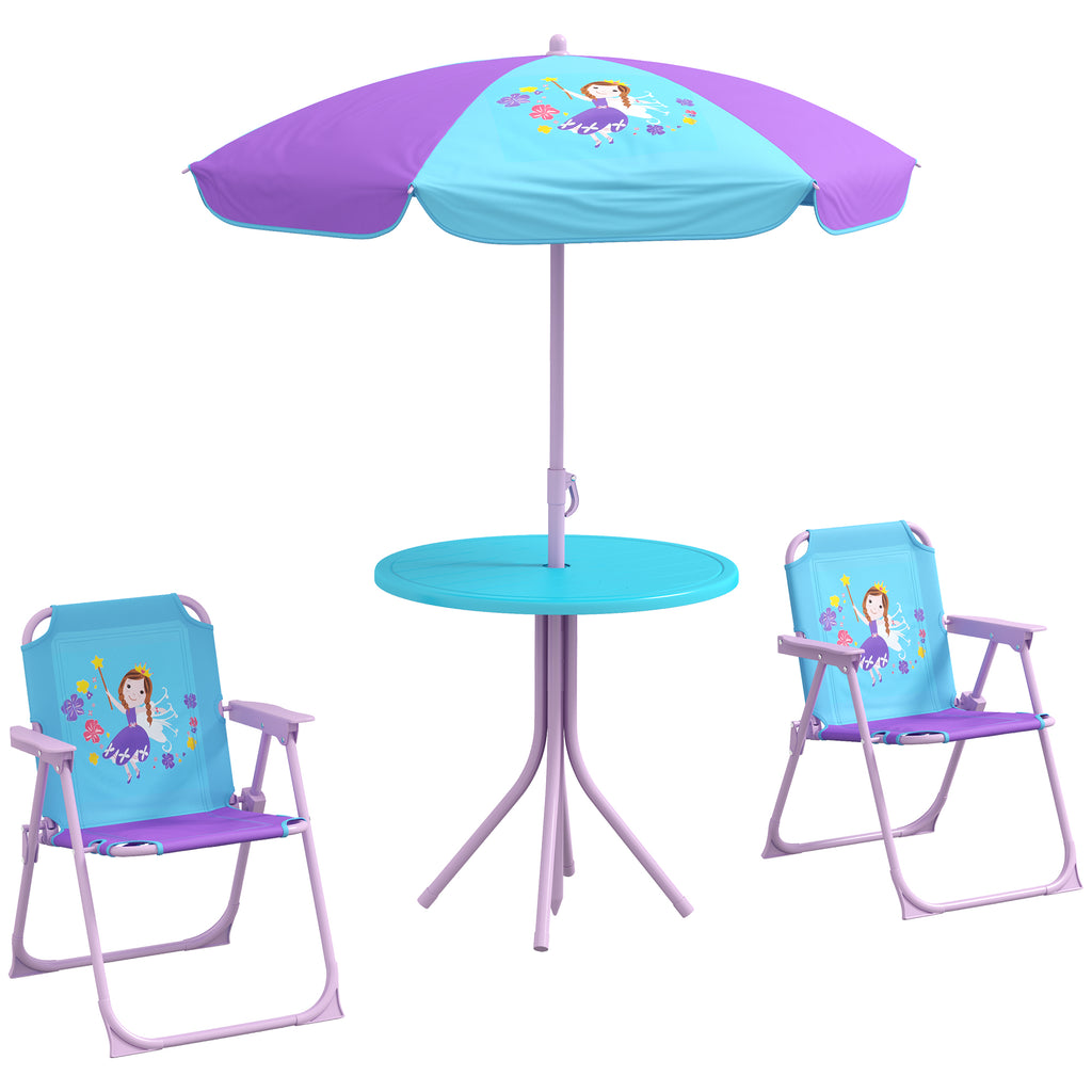 DodiOnline Kids Picnic Table and Chair Set, Fairy Themed Outdoor Garden Furniture w/ Foldable Chairs, Adjustable Parasol