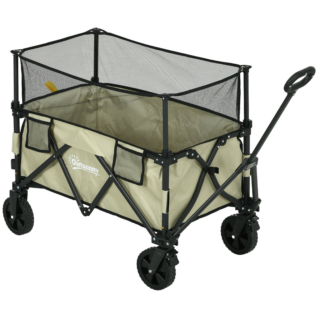 DodiOnline Folding Garden Trolley, 180L Wagon Cart with Extendable Side Walls, for Beach, Camping, Festival, Khaki