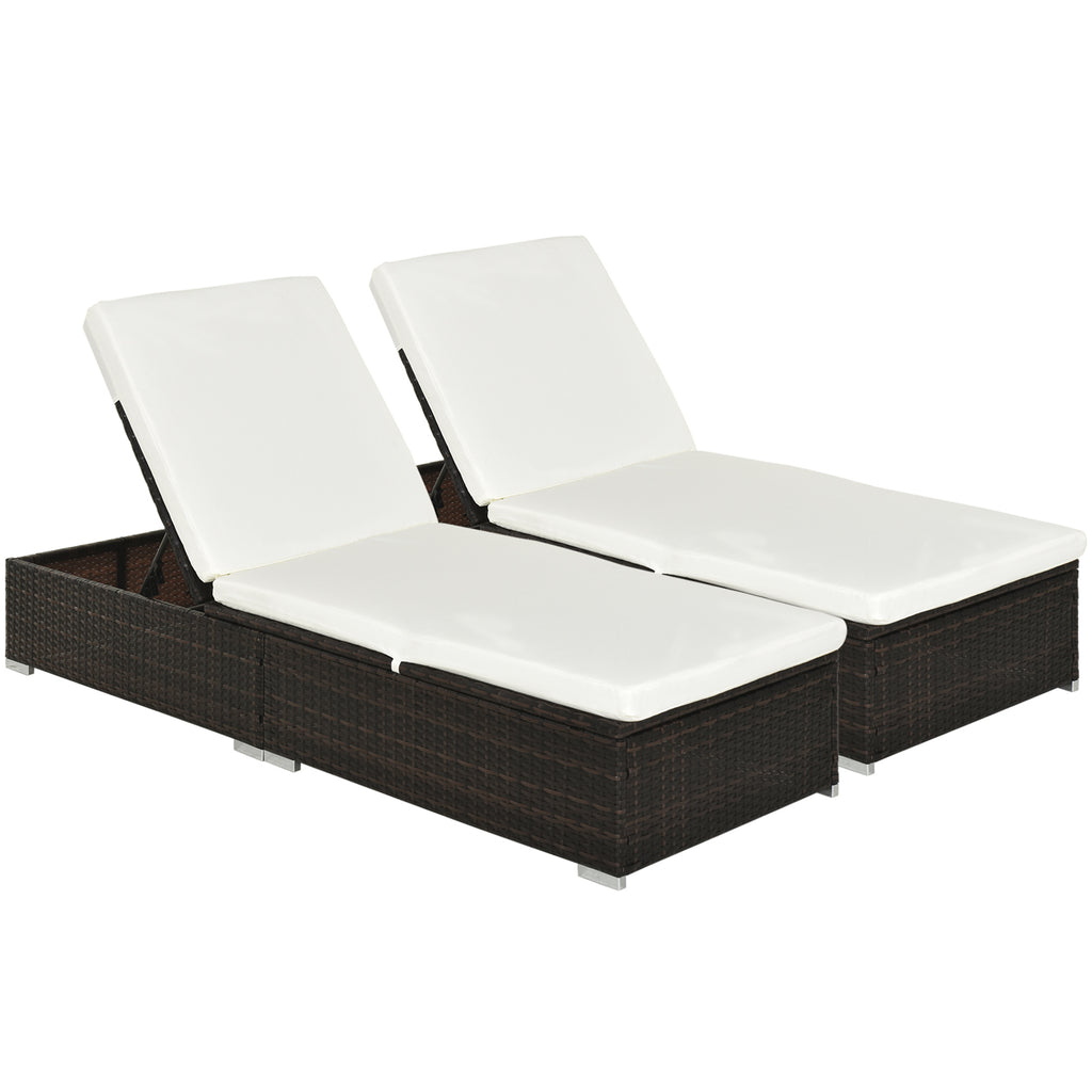 DodiOnline PE Rattan Sun Lounger with Cushion, Outdoor Garden Sunbed Furniture with 5-Level Recliner Backrest, and Armrest, Set of 2, Brown