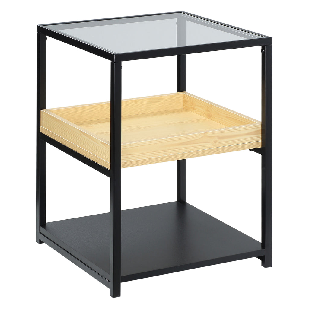 DodiOnline Glass Top Side Table, 3-Tier End Table with Storage Shelves, Nightstand with Steel Frame for Bedroom