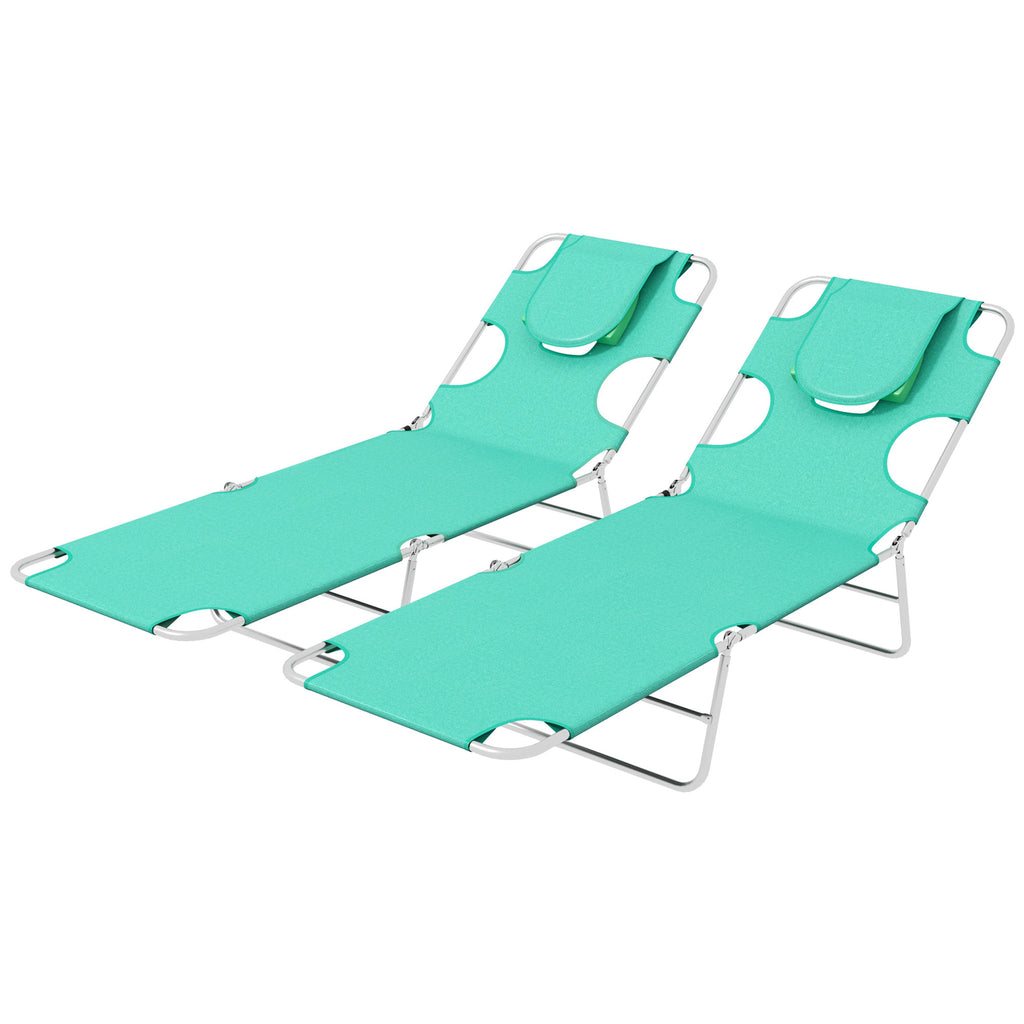 DodiOnline Foldable Sun Lounger Set of 2 with Reading Hole, Portable Sun Lounger with 5 Level Adjustable Backrest, Reclining Lounge Chair with Side Pocket, Headrest Pillow, Green