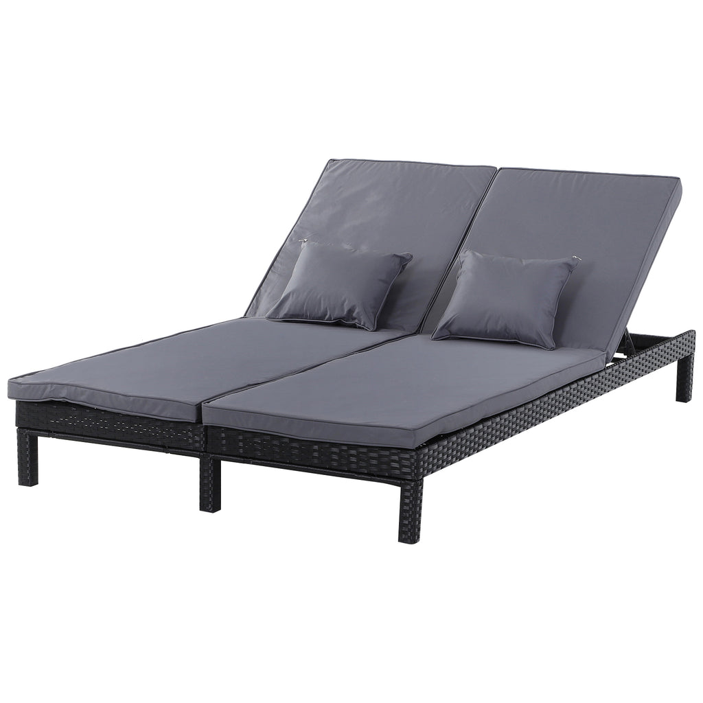 DodiOnline 2 Seater Rattan Lounger Adjustable Double Chaise Chair Loveseat w/ Cushion Black