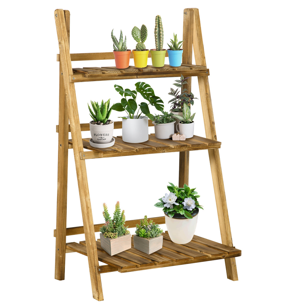 DodiOnline Wooden Folding Flower Pot Stand 3 Tier Garden Planter Display Ladder Gardener Storage Shelves Rack Herb Holder (60L x 37W x 93H cm)