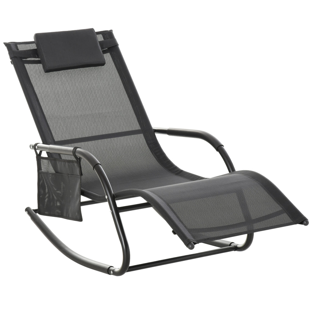DodiOnline Outdoor Garden Rocking Chair, Patio Sun Lounger Rocker Chair with Breathable Mesh Fabric, Removable Headrest Pillow, Armrest, Side Storage Bag, Black