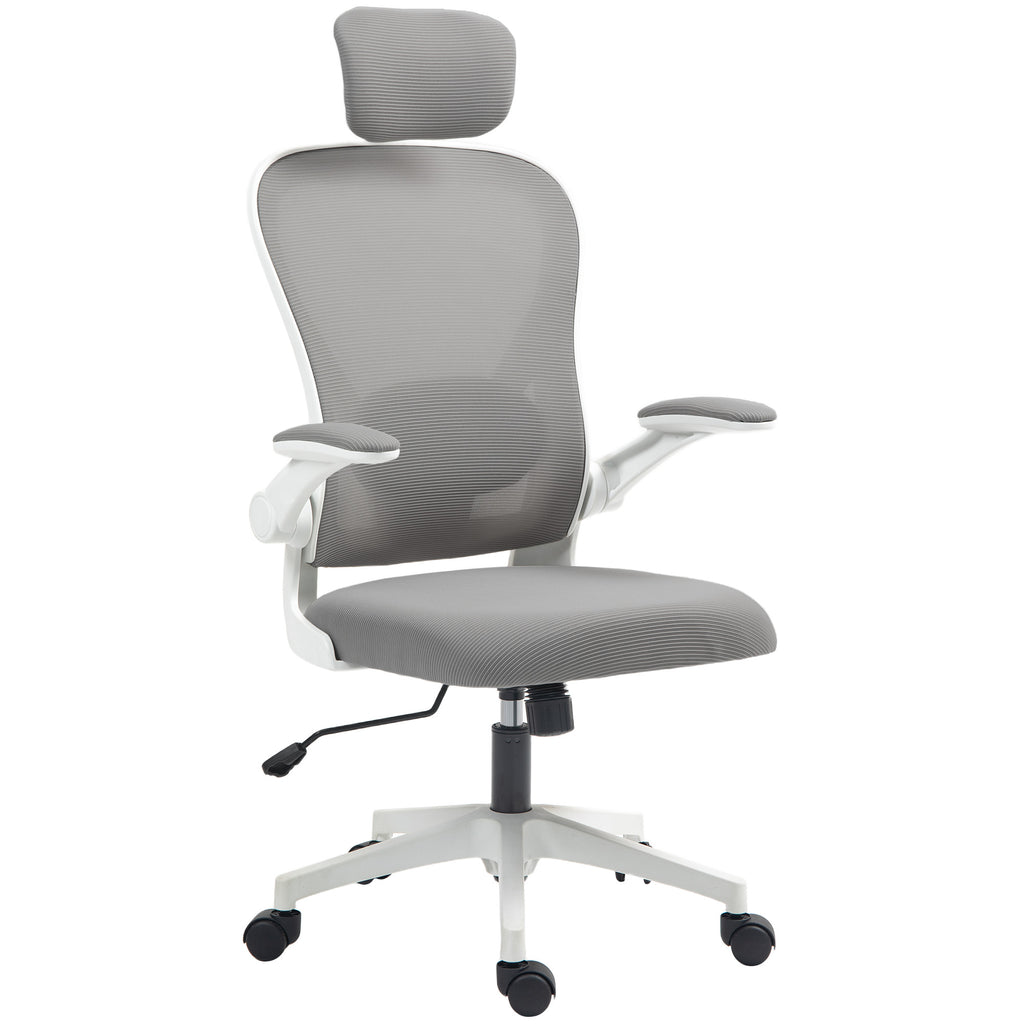 DodiOnline Executive Office Chair, Ergonomic Mesh High Back Desk Chair with Flip-up Armrest, Rotatable Headrest, Adjustable Lumbar Support, Swivel Computer Chair for Home Study, Grey