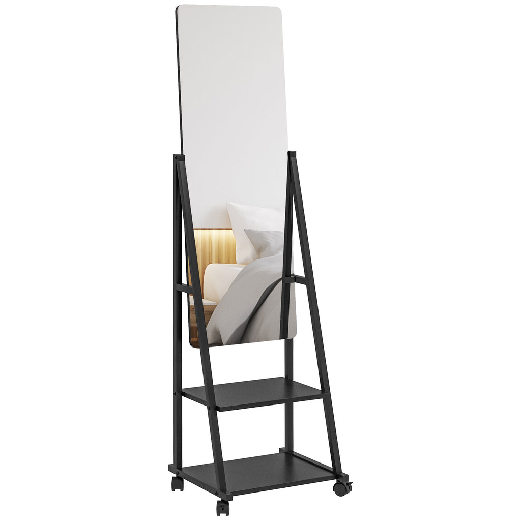 DodiOnline Free Standing Dressing Mirror, Rolling Full Length Mirror on Wheels with Adjustable Angle, Storage Shelves for Bedroom