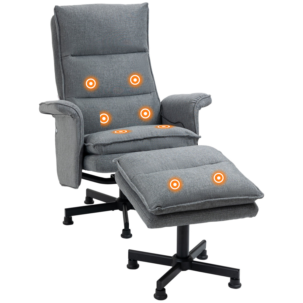 DodiOnline Swivel Recliner Chair and Footstool, Upholstered Massage Recliner Armchair with Remote Control, Timer and Steel Base, Grey