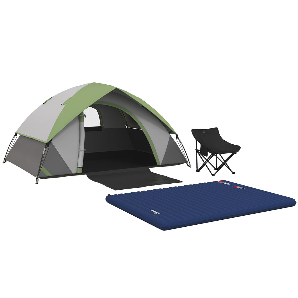 DodiOnline Camping Tent with Inflatable Mattress and Camping Chair, 2-3 Person Dome Tent with Sewn-in Groundsheet, Portable 3000mm Waterproof Tent with Carry Bag and Hook, for Fishing Hiking