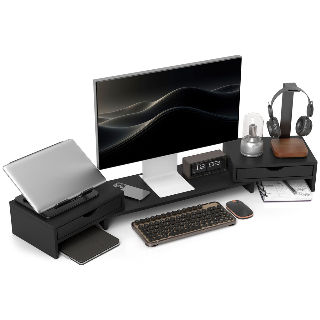 DodiOnline Dual Monitor Stand Riser with 2 Drawers, Adjustable Length and Angle, 116cm Monitor Riser for Laptop, Computer, PC, Small Printer, Black