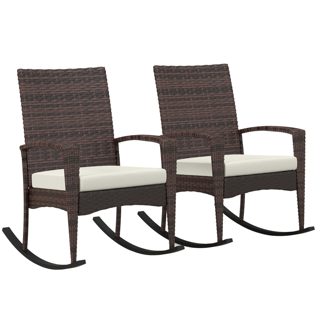 DodiOnline Outdoor PE Rattan Rocking Chair Set of 2, Garden Rocking Chair Set with Armrest and Cushion, Brown