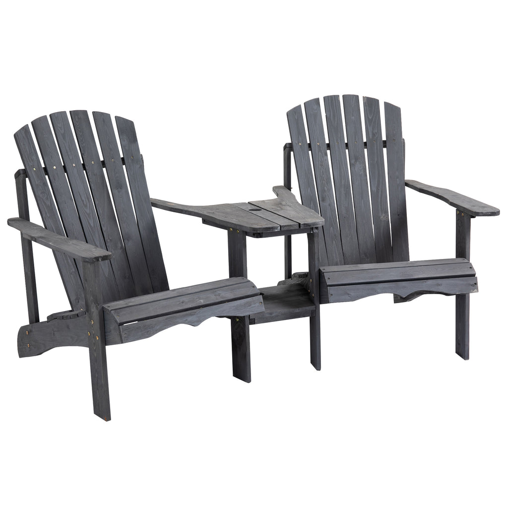 DodiOnline Wooden Outdoor Double Adirondack Chairs Loveseat w/ Centre Table and Umbrella Hole, Garden Patio Furniture for Lounging and Relaxing, Dark Grey
