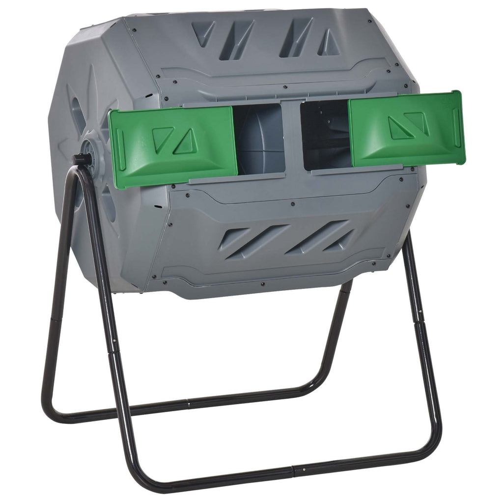 DodiOnline 160L Tumbling Compost Bin Outdoor Dual Chamber 360° Rotating Composter, Garden Compost Bin w/ Sliding Doors & Solid Steel Frame, Grey