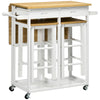 DodiOnline Kitchen Island Set with 2 Stools, Bamboo Breakfast Cart with Drop Leaf Top, Drawers and Towel Rack, Rolling Kitchen Cart and Chairs Set, White