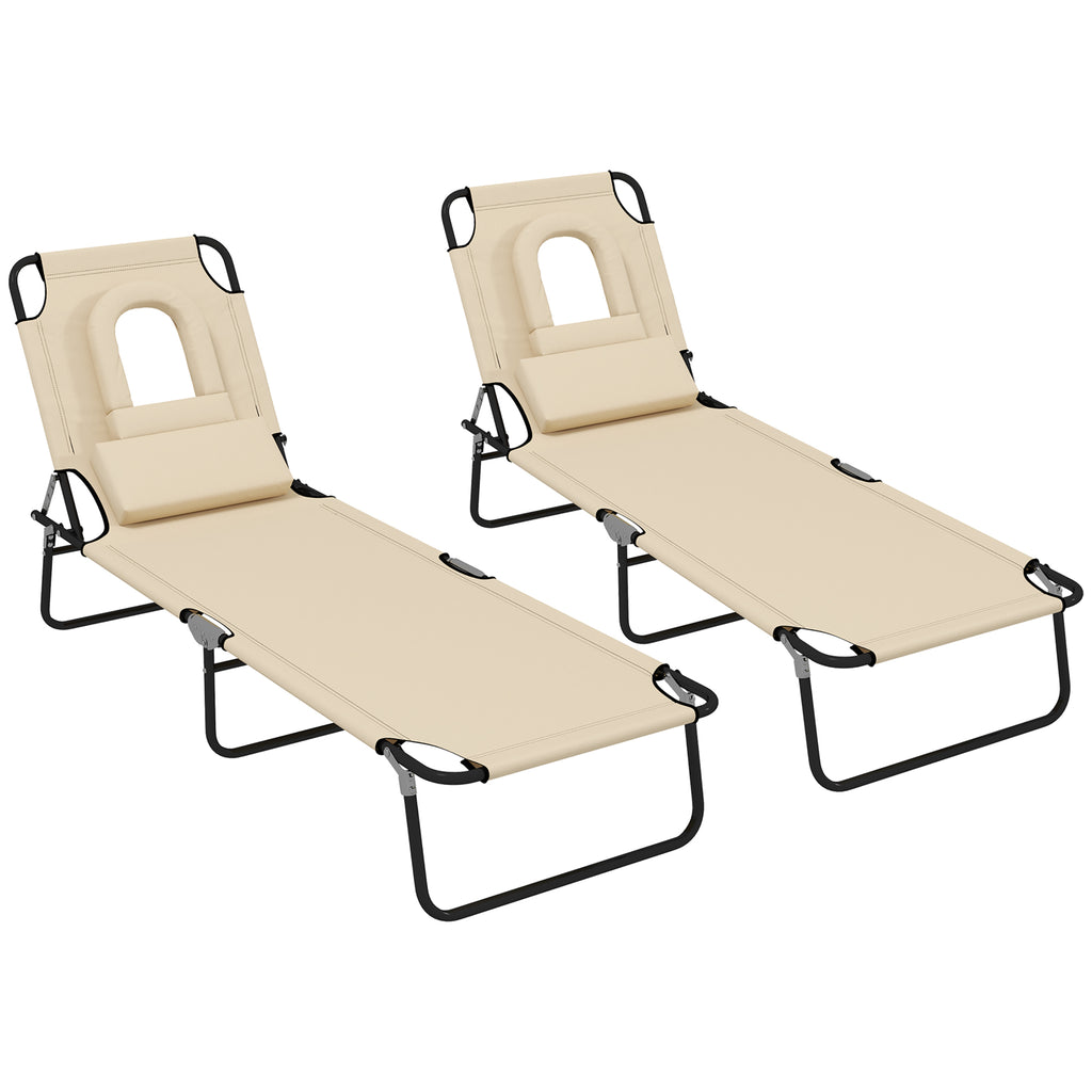 DodiOnline Outdoor Foldable Sun Lounger Set of 2, 4 Level Adjustable Backrest Reclining Sun Lounger Chair with Pillow and Reading Hole, Sand