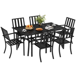 DodiOnline 7 Pieces Garden Table and Chairs 6 Seater Outdoor Table and Chairs with Umbrella Hole, for Poolside, Garden, Black