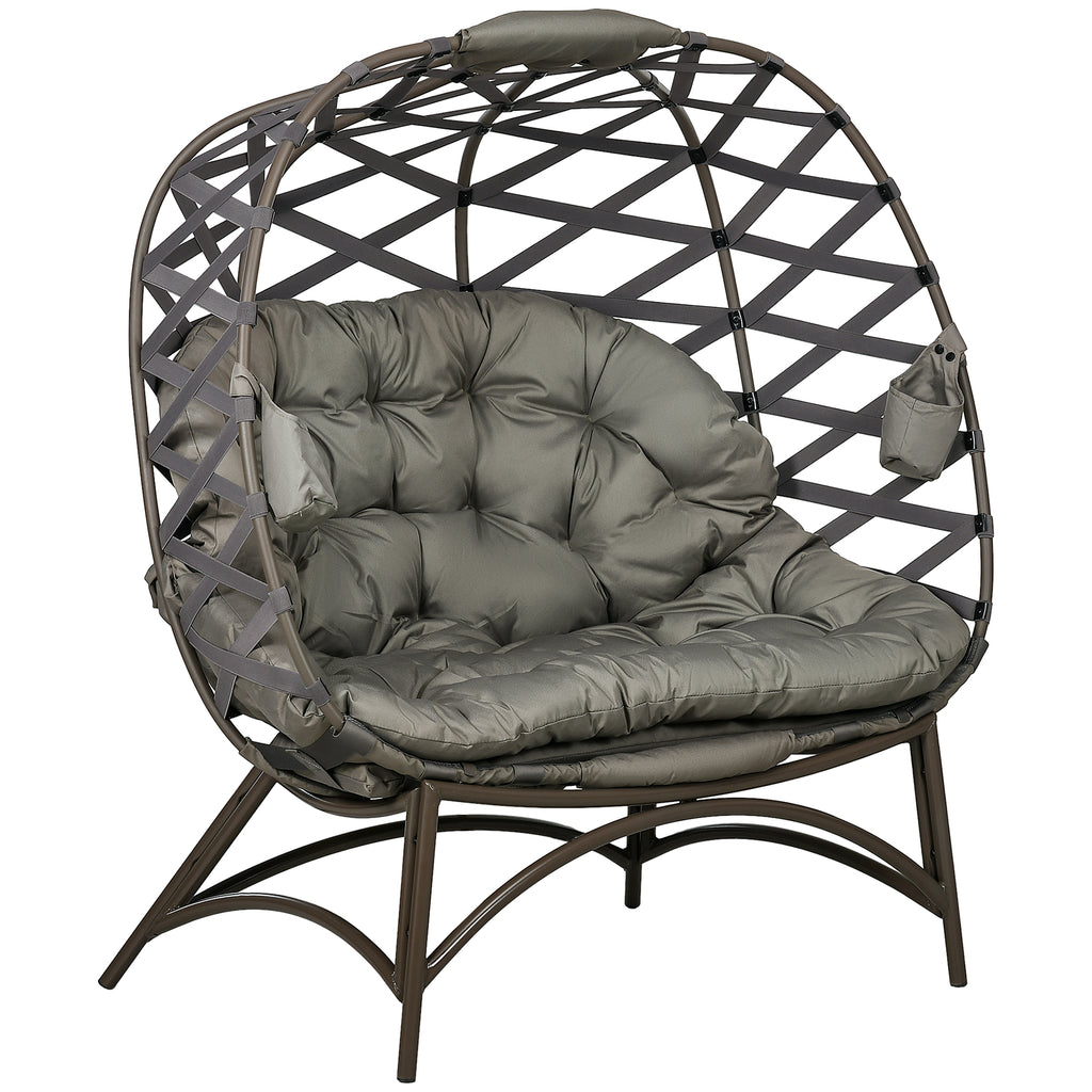 DodiOnline 2 Seater Egg Chair Outdoor, Folding Weave Garden Furniture Chair with Cushion, Cup Pockets - Sand Brown