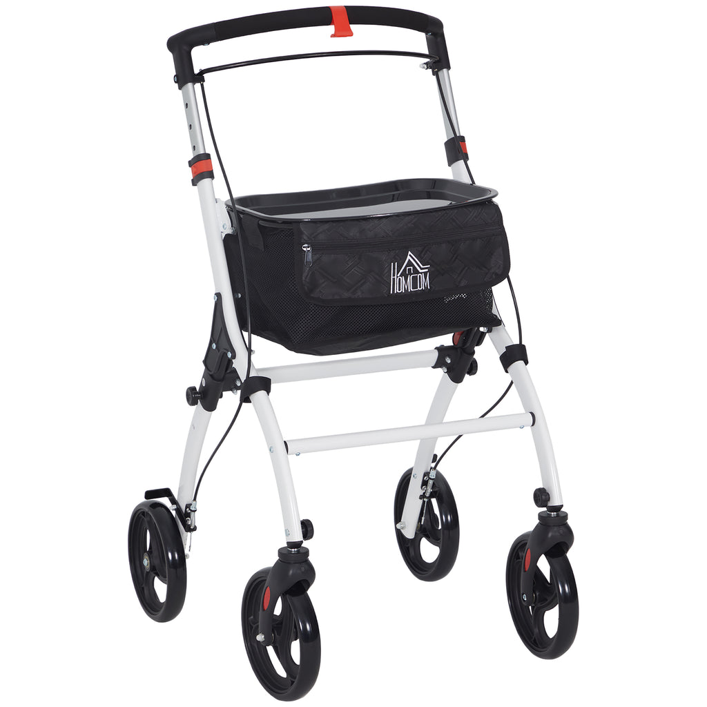 DodiOnline Folding Upright Rollator Walker with Lightweight Walking Frame, Storage Bag, Tray, Dual Brakes, Adjustable Handle Height, Mobility Aid Rolling 4 Wheeled Walker for Seniors, White