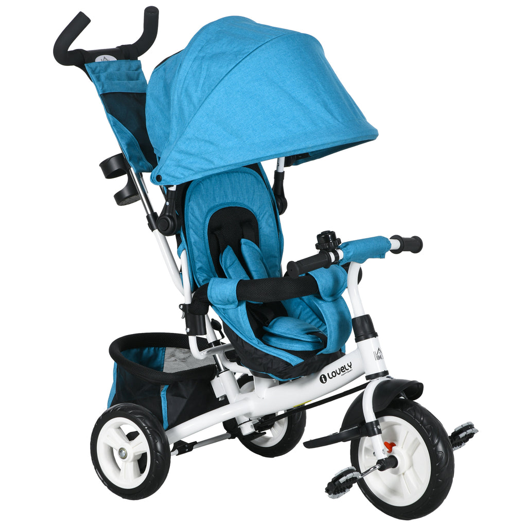 DodiOnline 6 in 1 Kids Trike Push Bike w/ Push Handle, Canopy, 5-point Safety Belt, Storage, Footrest, Brake, for 1-5 Years, Blue