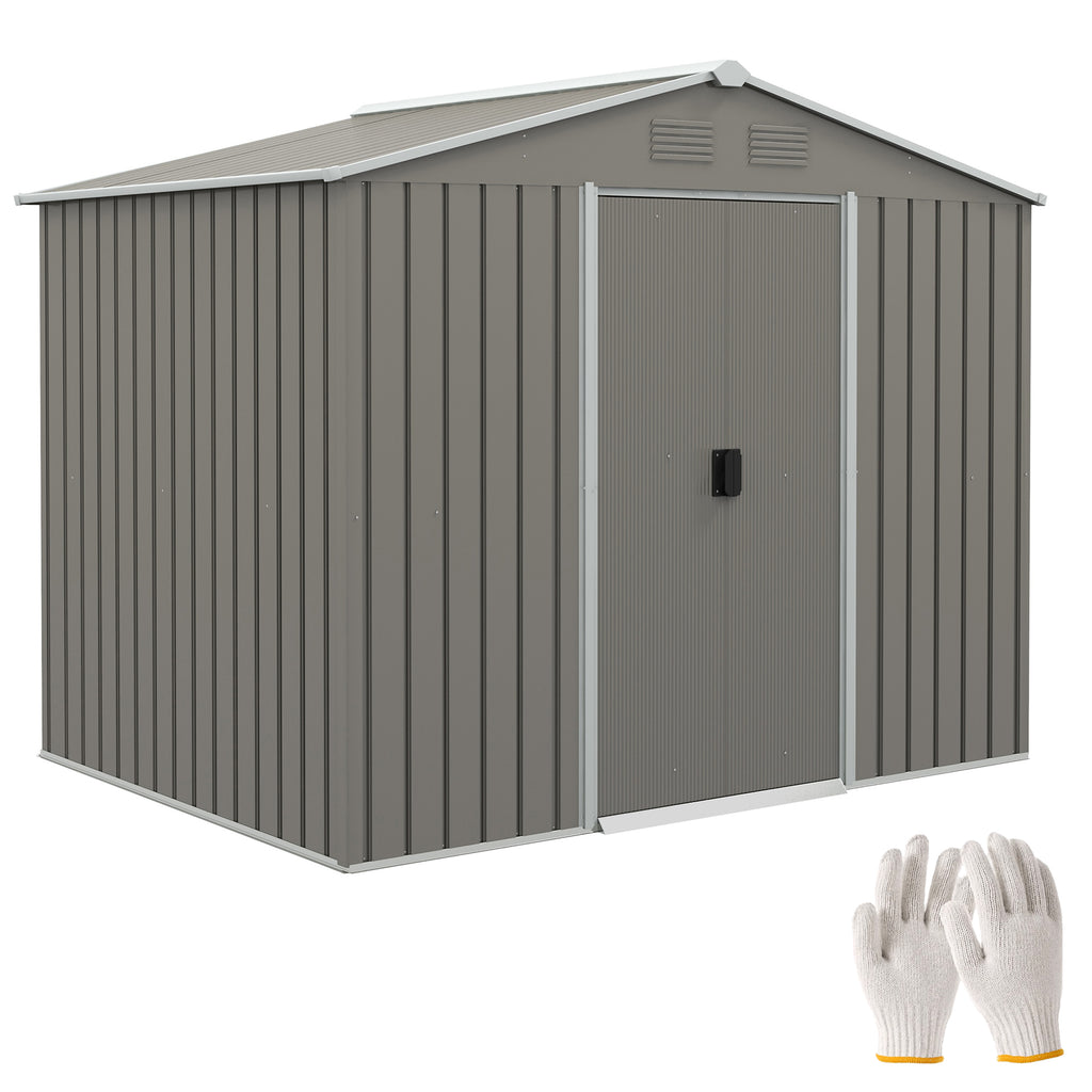 DodiOnline 8 x 6ft Outdoor Garden Storage Shed, Metal Tool House with Ventilation and Sliding Doors, Light Grey
