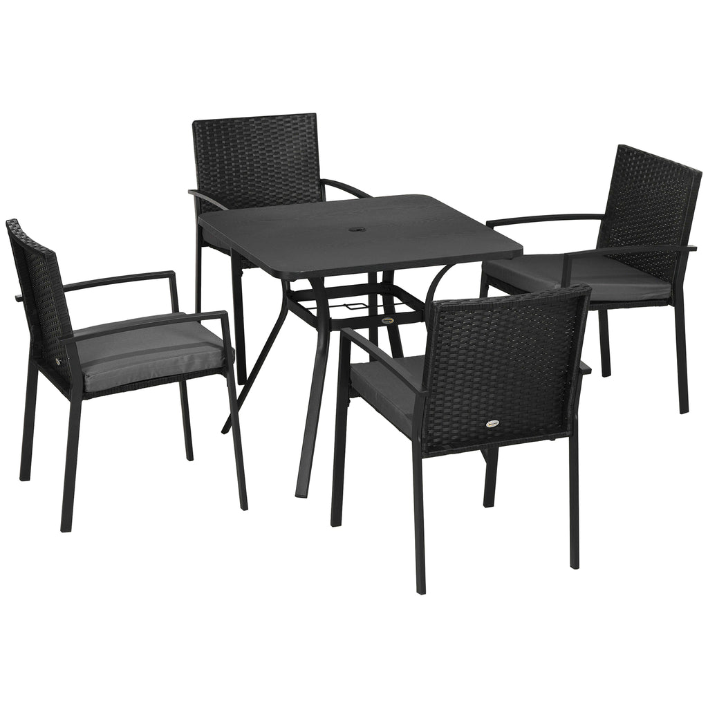 DodiOnline Five-Piece Garden Dining Set, with Rattan Seat Chairs and Cushions - Black
