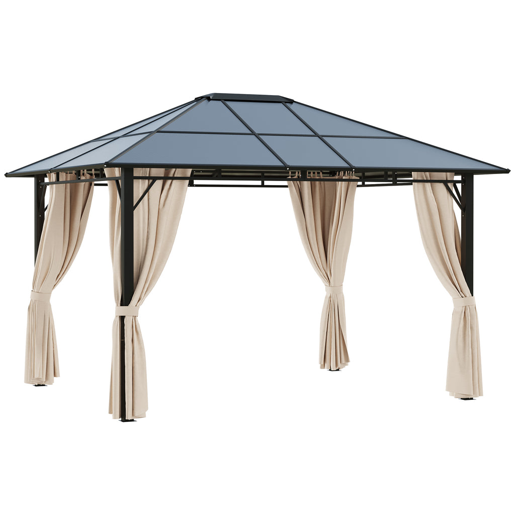DodiOnline 3 x 3.6m Hardtop Gazebo Canopy with Polycarbonate Roof Garden Pavilion with Removable Curtains and Steel Frame, Brown
