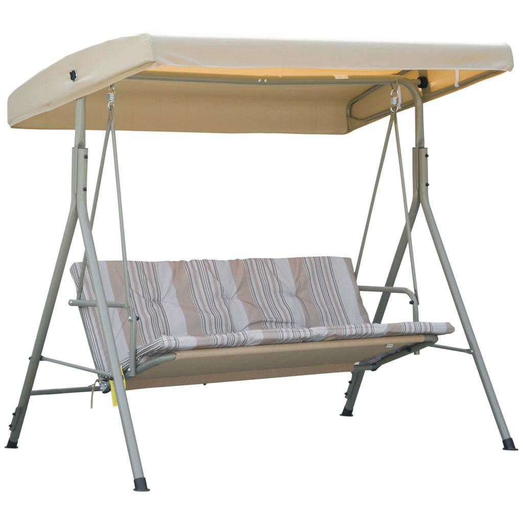 DodiOnline 3 Seater Garden Swing Chair, Patio Rocking Bench with Tilting Canopy, Removable Cushion and Steel Frame, Light Brown
