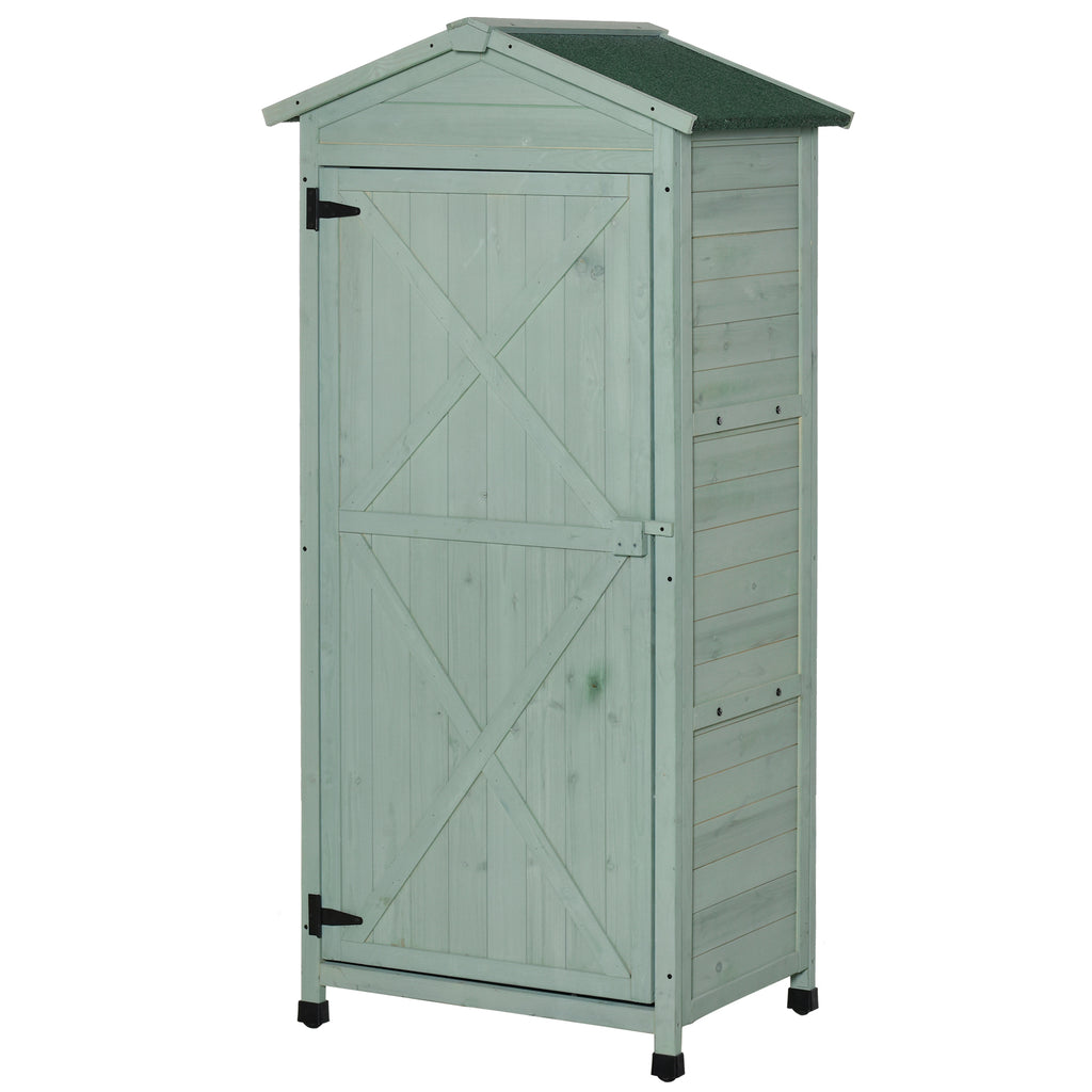 DodiOnline Wooden Garden Shed, Outdoor Storage Cabinet with 2 Shelves and Hooks, Locking Organiser Outdoor Narrow Tool House, 74x55x155cm, Green