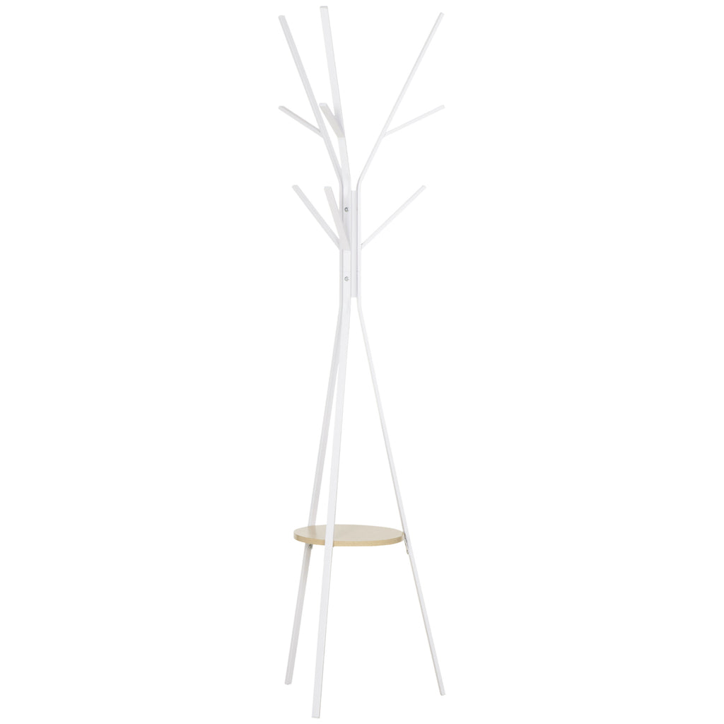 DodiOnline Freestanding Metal Coat Rack Stand 9 Hooks Clothes Tree with 1 Shelf Hat Display Hall Tree Hanger Bag Umbrella Hanging Organiser White