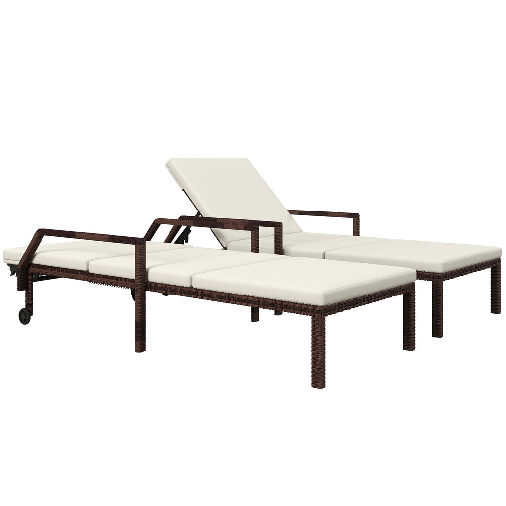 DodiOnline Outdoor PE Rattan Sun Lounger Set of 2, Wicker Chaise Recliner Garden Chair with 5-Level Adjustable Backrest and 2 Wheels, Cream White