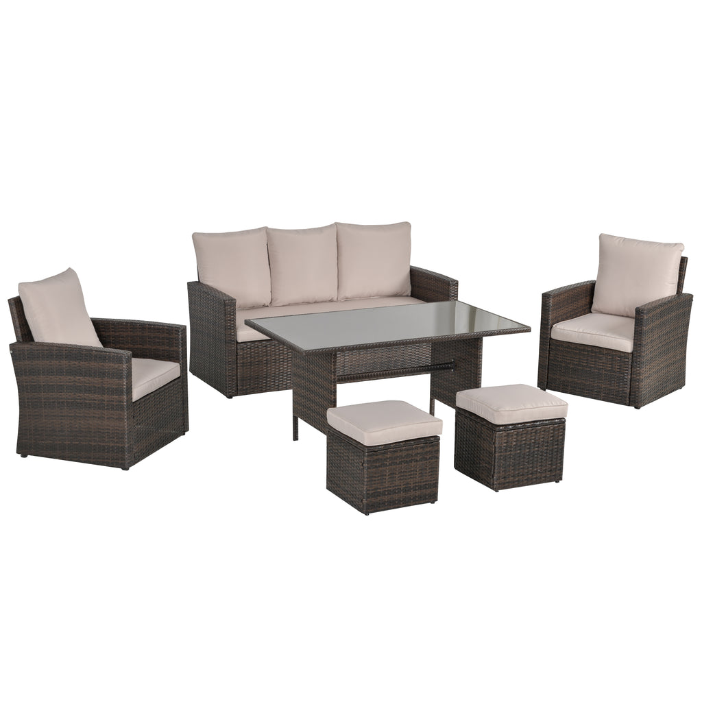 DodiOnline Six-Piece Rattan Sofa Set, with Glass-Top Table - Mixed Brown