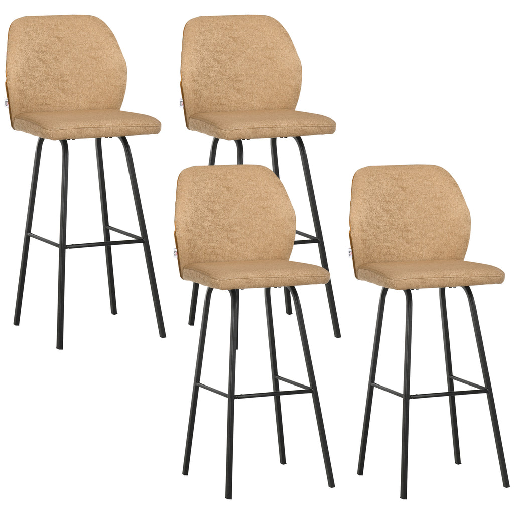 DodiOnline Bar Stools Set of 4, Linen-Touch Upholstered Bar Chairs, Kitchen Stools with Backs and Steel Legs for Dining Room, Light Brown