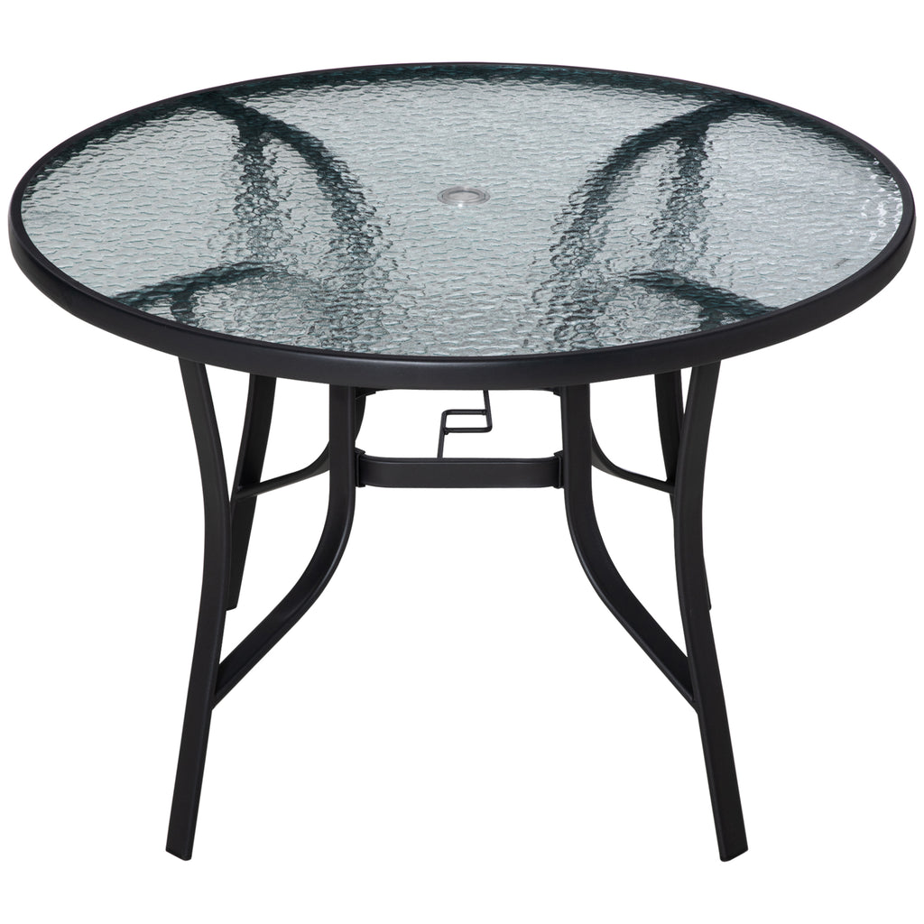 DodiOnline 106cm Round Garden Dining Table with Parasol Hole Tempered Glass Top Steel Frame
