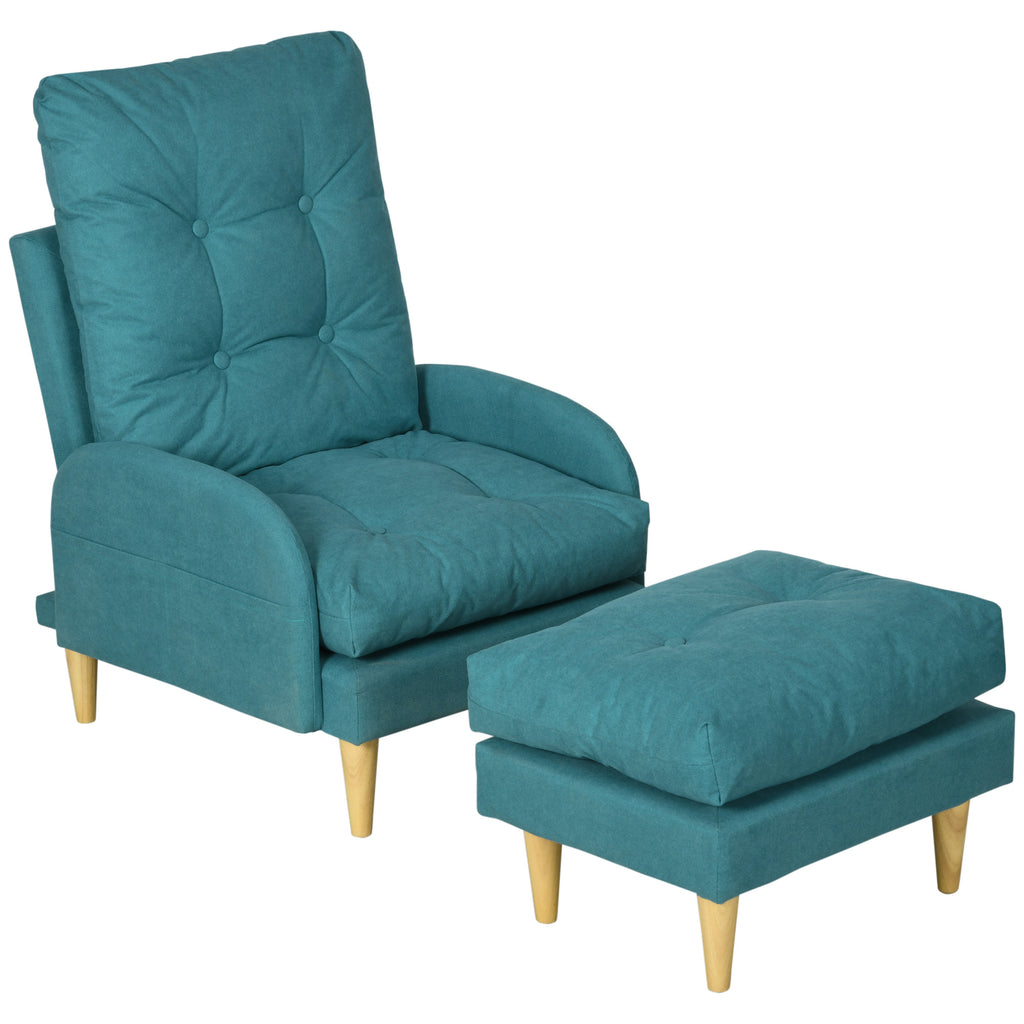 DodiOnline Upholstered Recliner Armchair with Footstool Set, Modern Button Tufted Accent Chair with Adjustable Backrest, Cushions, Wood Legs and Side Pockets for Living Room, Bedroom, Home Study, Blue