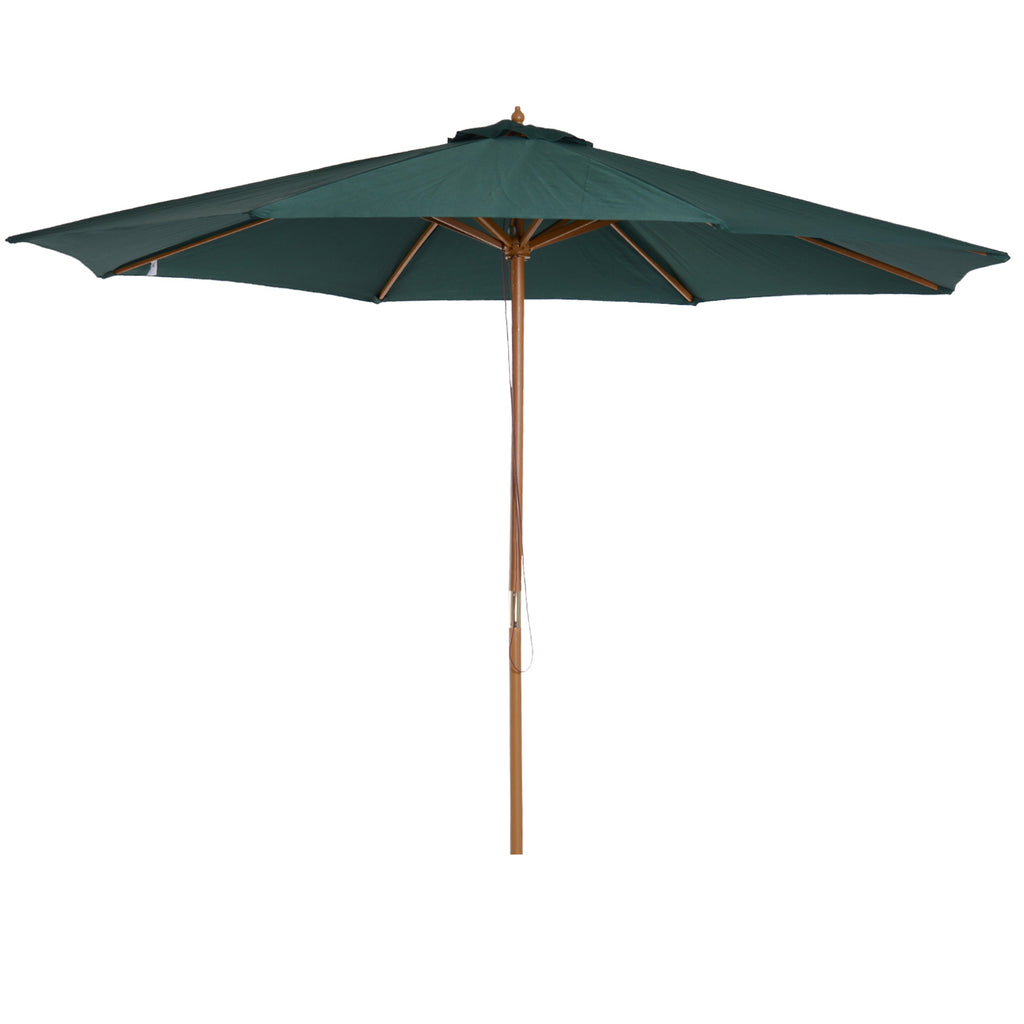 DodiOnline 3(m) Wooden Patio Umbrella, Pulley Operated Garden Parasol with Rope Pulley Mechanism and 8 Ribs, Dark Green