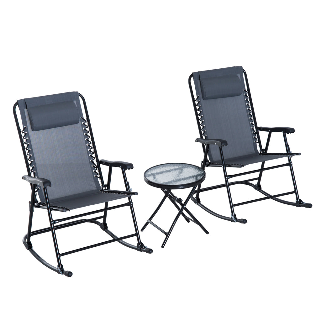 DodiOnline 3 Piece Outdoor Rocking Set with 2 Folding Chairs and 1 Tempered Glass Table, Patio Bistro Set for Garden, Deck, Grey
