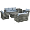 DodiOnline 6 Pieces Rattan Garden Furniture Set, 7 Seater Wicker Outdoor Furniture Set with Storage Tea Table & Side Table, Sectional Garden Sofa Set with Cushions, Grey