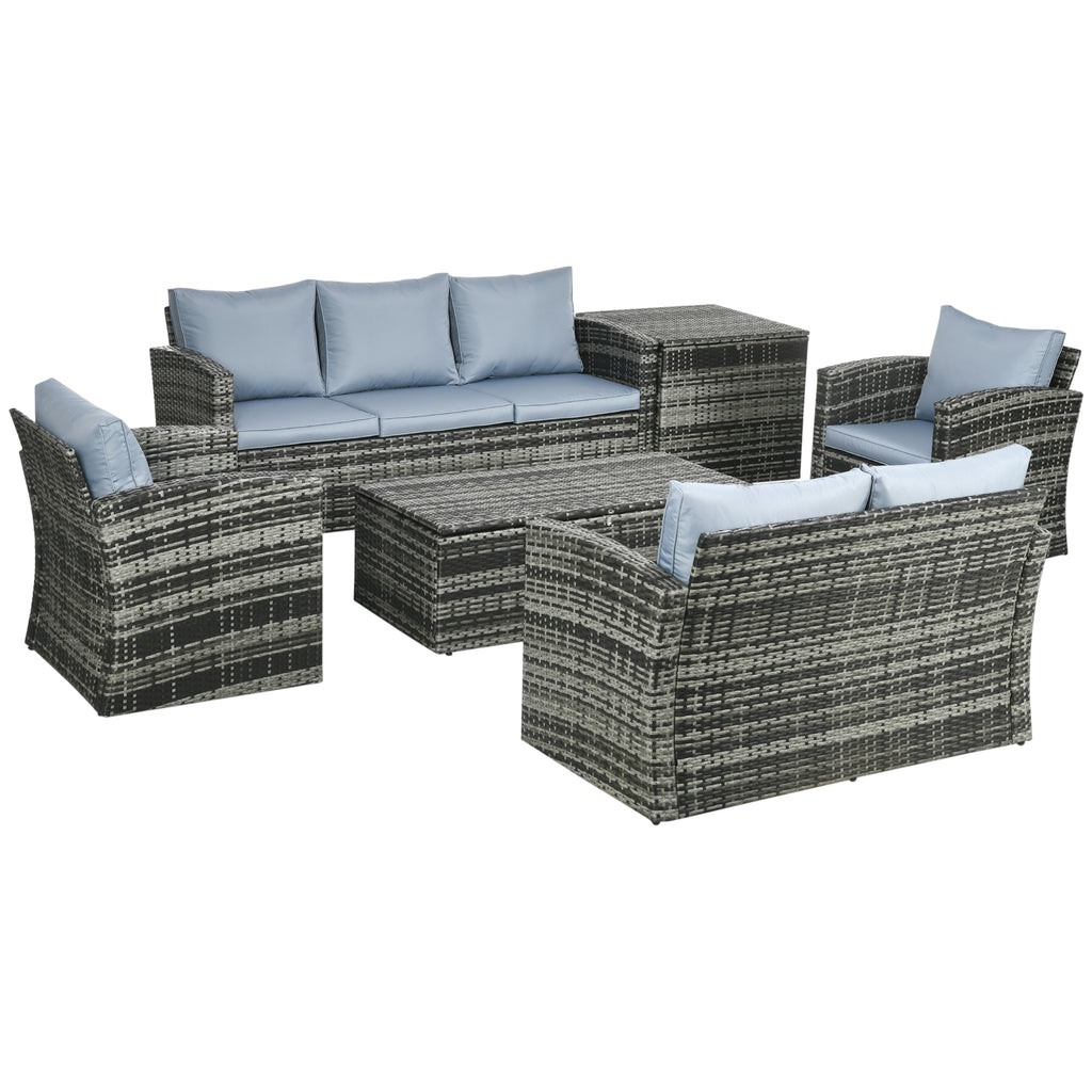 DodiOnline 6 Pieces Rattan Garden Furniture Set, 7 Seater Wicker Outdoor Furniture Set with Storage Tea Table & Side Table, Sectional Garden Sofa Set with Cushions, Grey