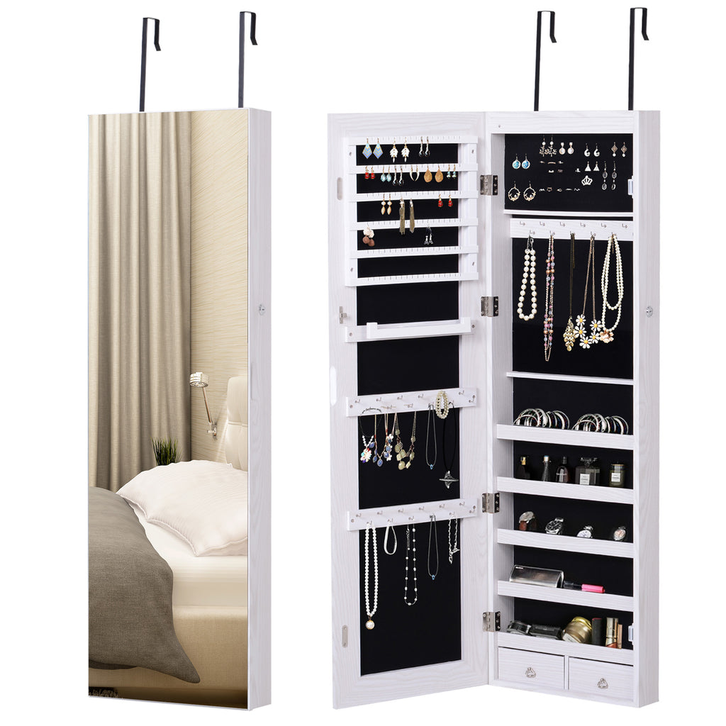 DodiOnline Jewelry Cabinet with Mirror and LED Lights, Lockable Makeup Cosmetics Jewellery Organiser, Mirror with Storage for Bedroom Dressing Room, White