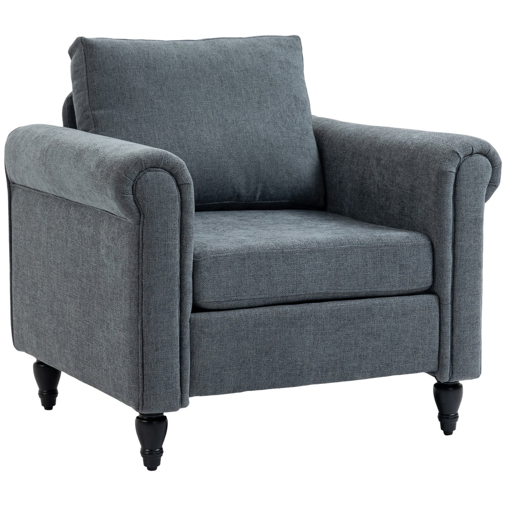 DodiOnline Vintage Accent Chair, Upholstered Occasional Chair with Back Pillow, Rolled Arms,  Rubber Wood Legs, Grey