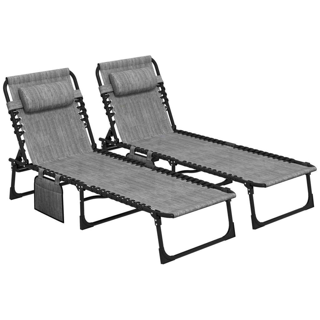 DodiOnline Portable Sun Lounger Set of 2, Folding Camping Bed Cot, Reclining Lounge Chair 5-position Adjustable Backrest with Side Pocket, Pillow for Patio Garden Beach Pool, Mixed Grey