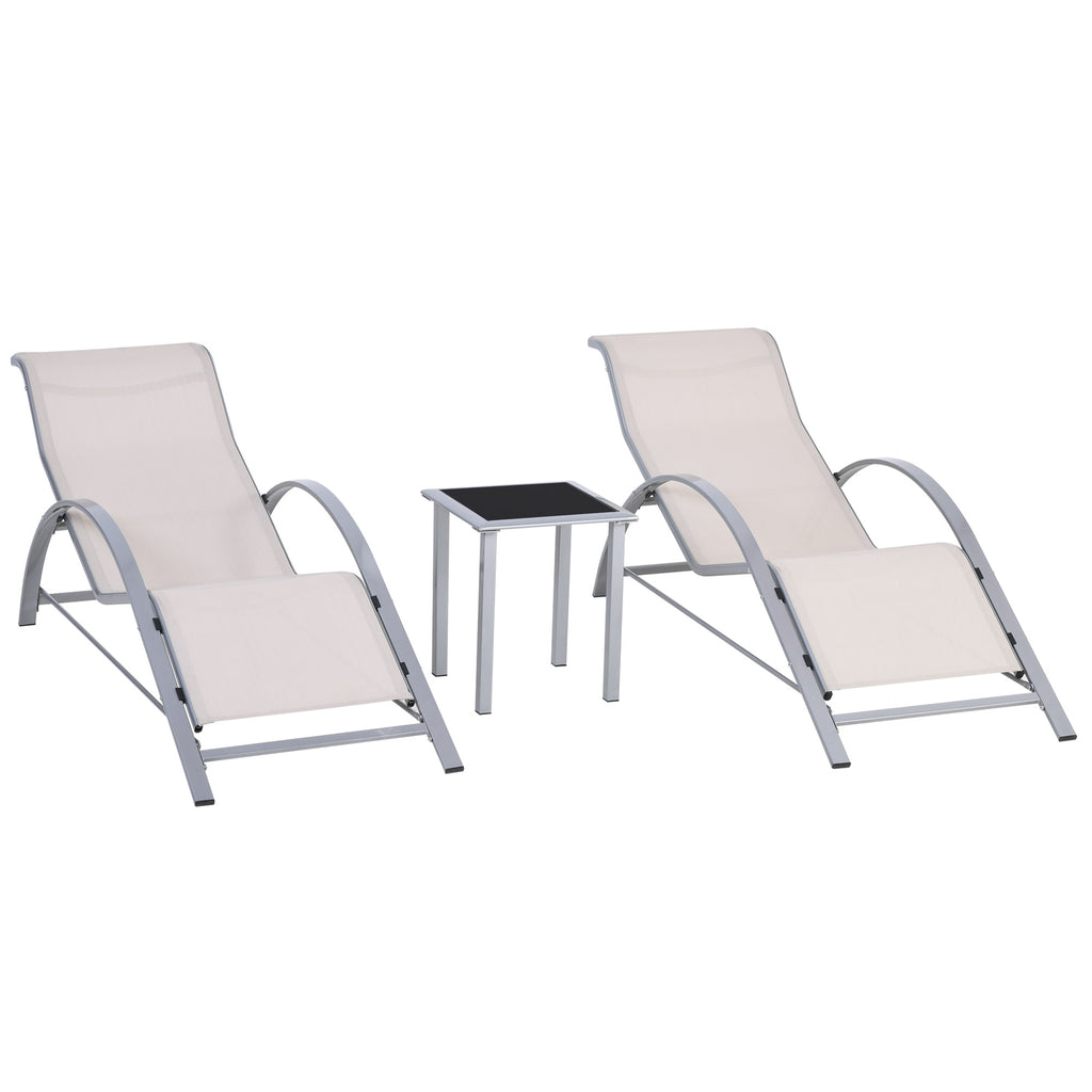 DodiOnline 3 Pieces Lounge Chair Set Metal Frame Garden Outdoor Recliner Sunbathing Chair with Table, Cream